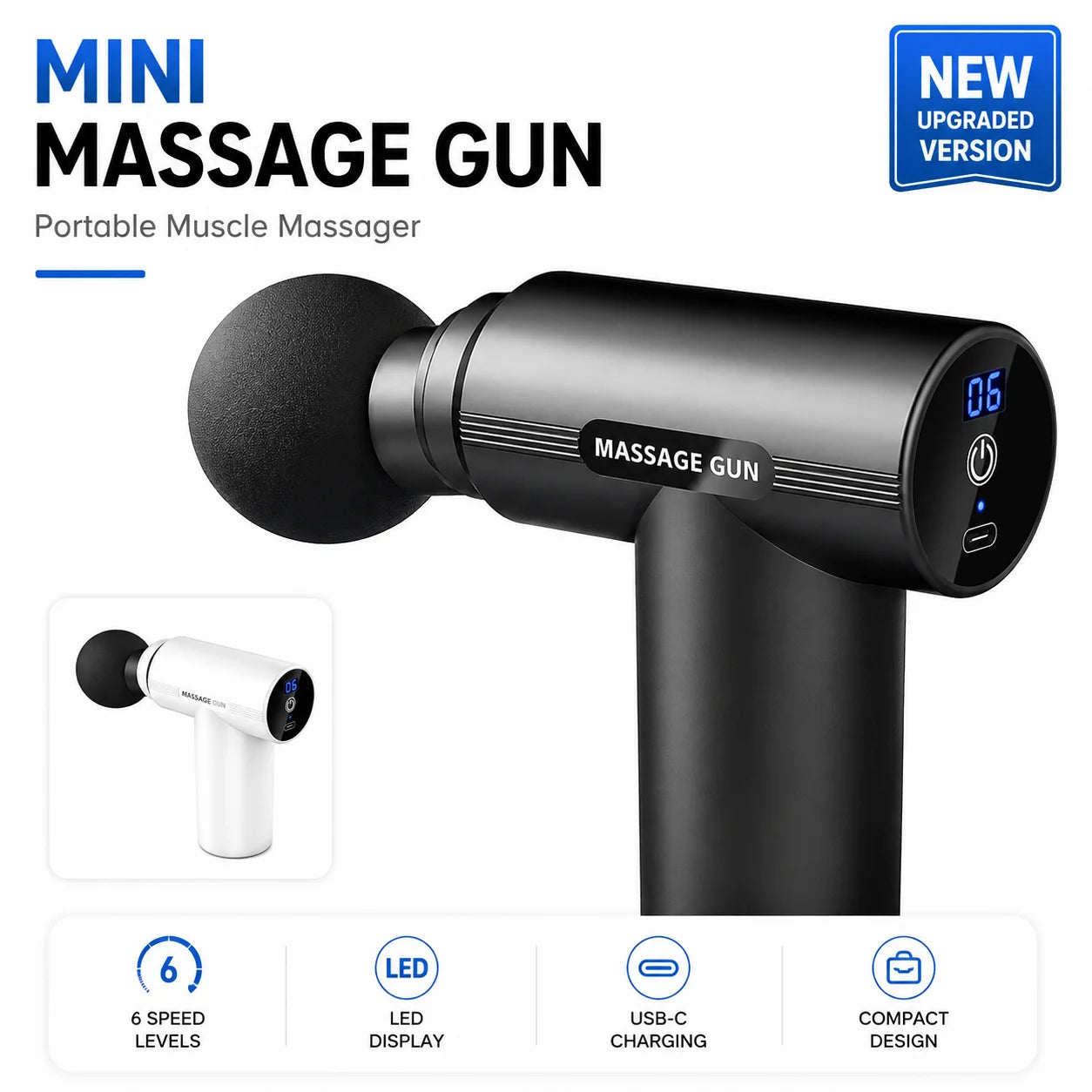 Mini Massage Gun Deep Tissue Muscle Massager Percussion Fascia Gun LED Display 6 Speed Fitness Recovery Device
