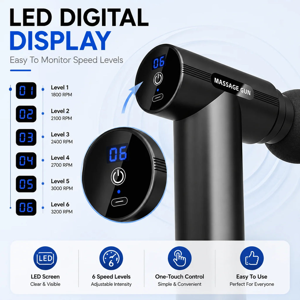 Mini Massage Gun Deep Tissue Muscle Massager Percussion Fascia Gun LED Display 6 Speed Fitness Recovery Device