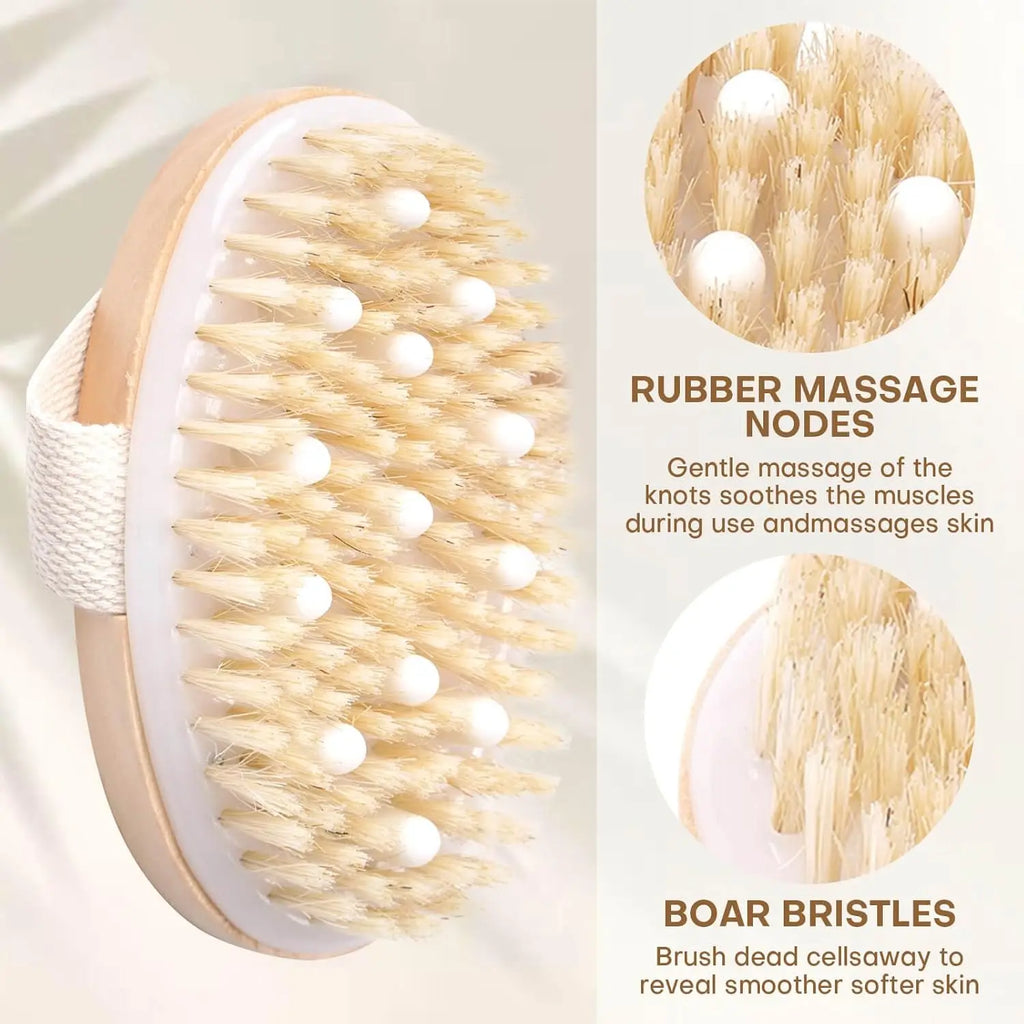 Dry Brushing Body Brush, Natural Bristle Exfoliating Brush with Massage Nodes, for Lymphatic Drainage and Improving Skin Health