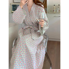 bathrobe women's bathing love plaid loose long sleeve long kimono V-neck lace up trousers nightgown sexy robe women's girl